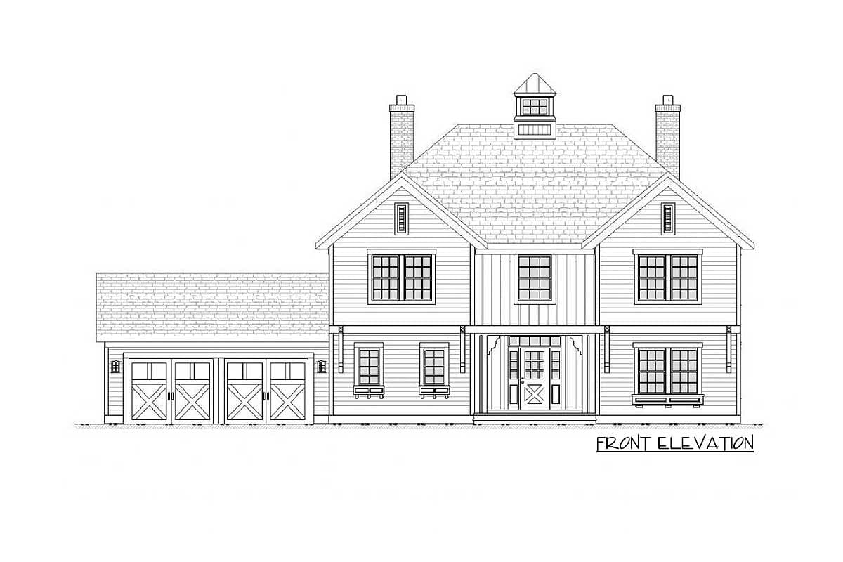 Front elevation house plan with a three-car garage, gabled dormers, and a covered front porch.