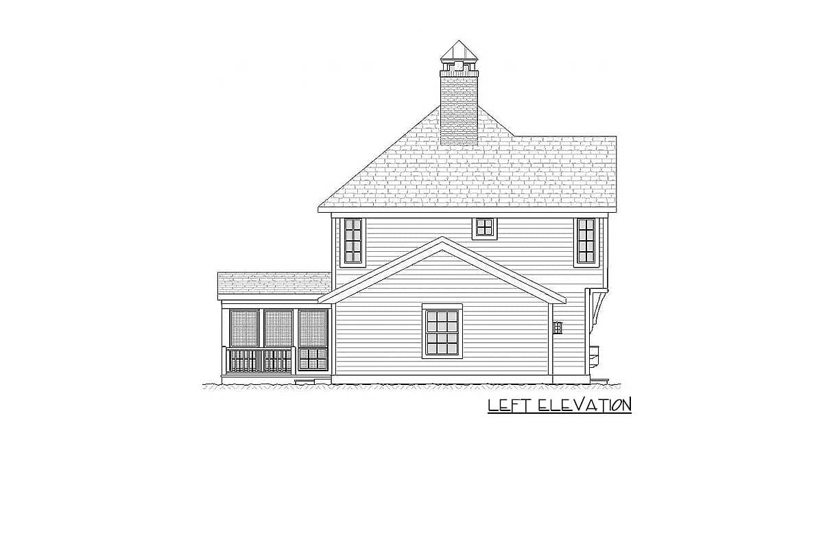 Left elevation house plan drawing showing a two-story home with a gabled roof, chimney, and screened porch.