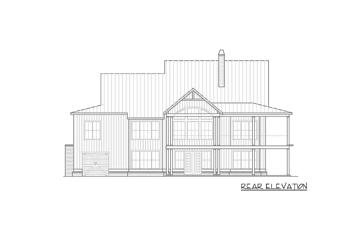 Rear elevation drawing of a two-story house plan with metal roof, gables, double doors, and porches.