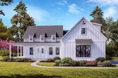 Modern Farmhouse Plan with 3 Shed Dormers and a Wraparound Porch