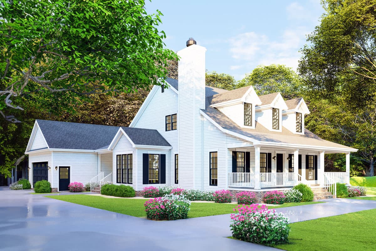 House plan exterior featuring a white Modern Farmhouse style, two stories, wrap-around porch, gables, and attached garage.