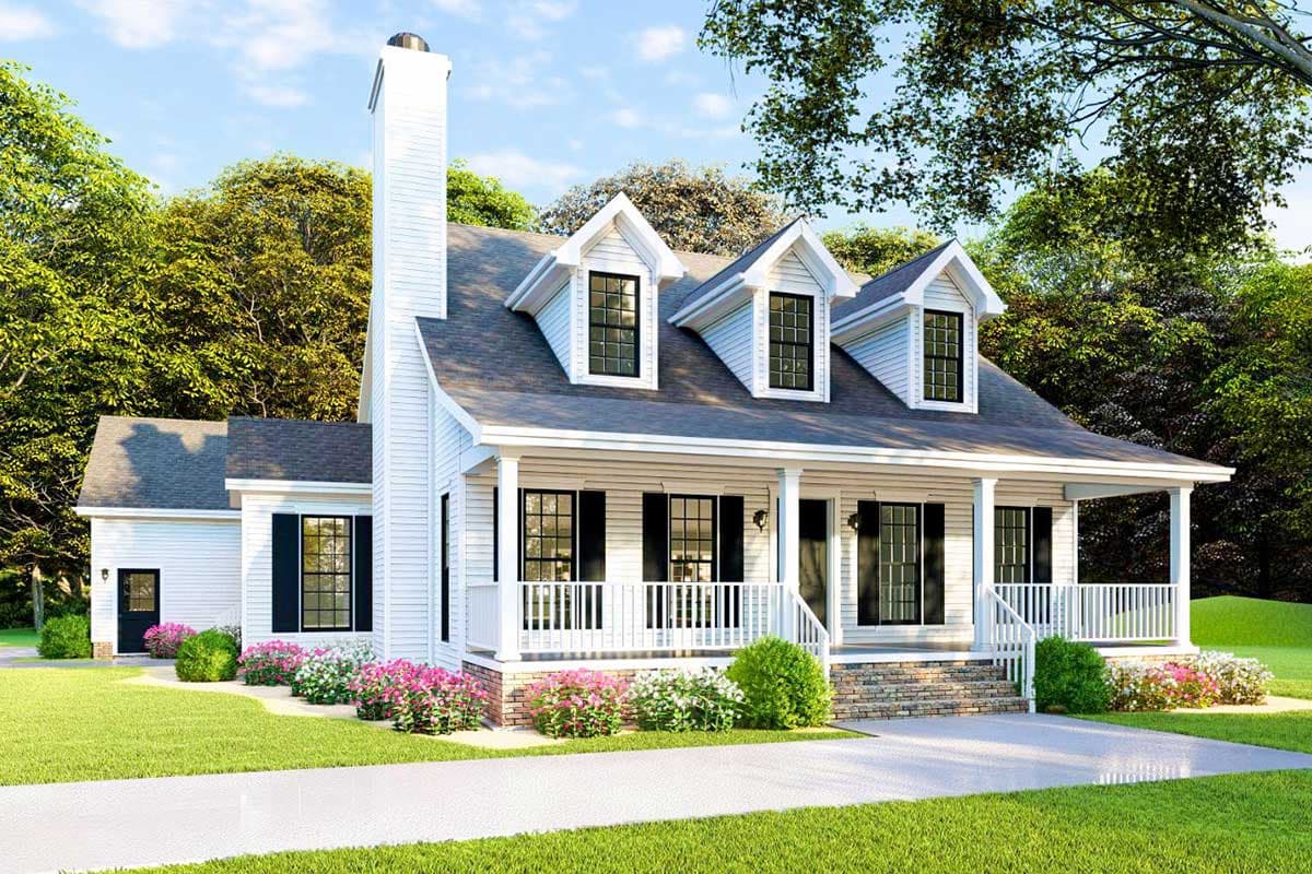House plan exterior with two stories, Craftsman style. Features include dormer windows, a front porch, and a prominent chimney.