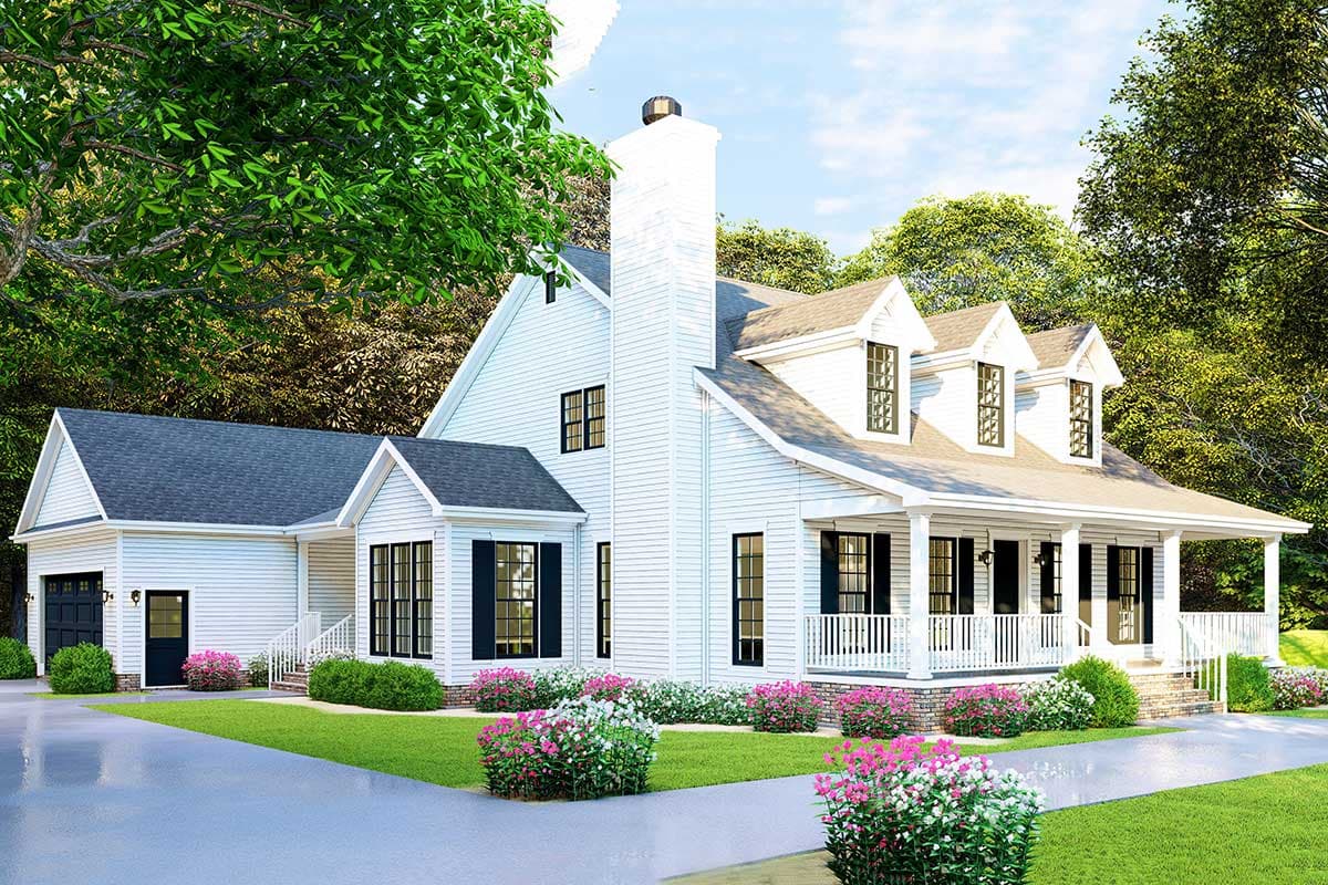 Modern Farmhouse house plan exterior with white siding, wrap-around porch, dormers, and attached garage.