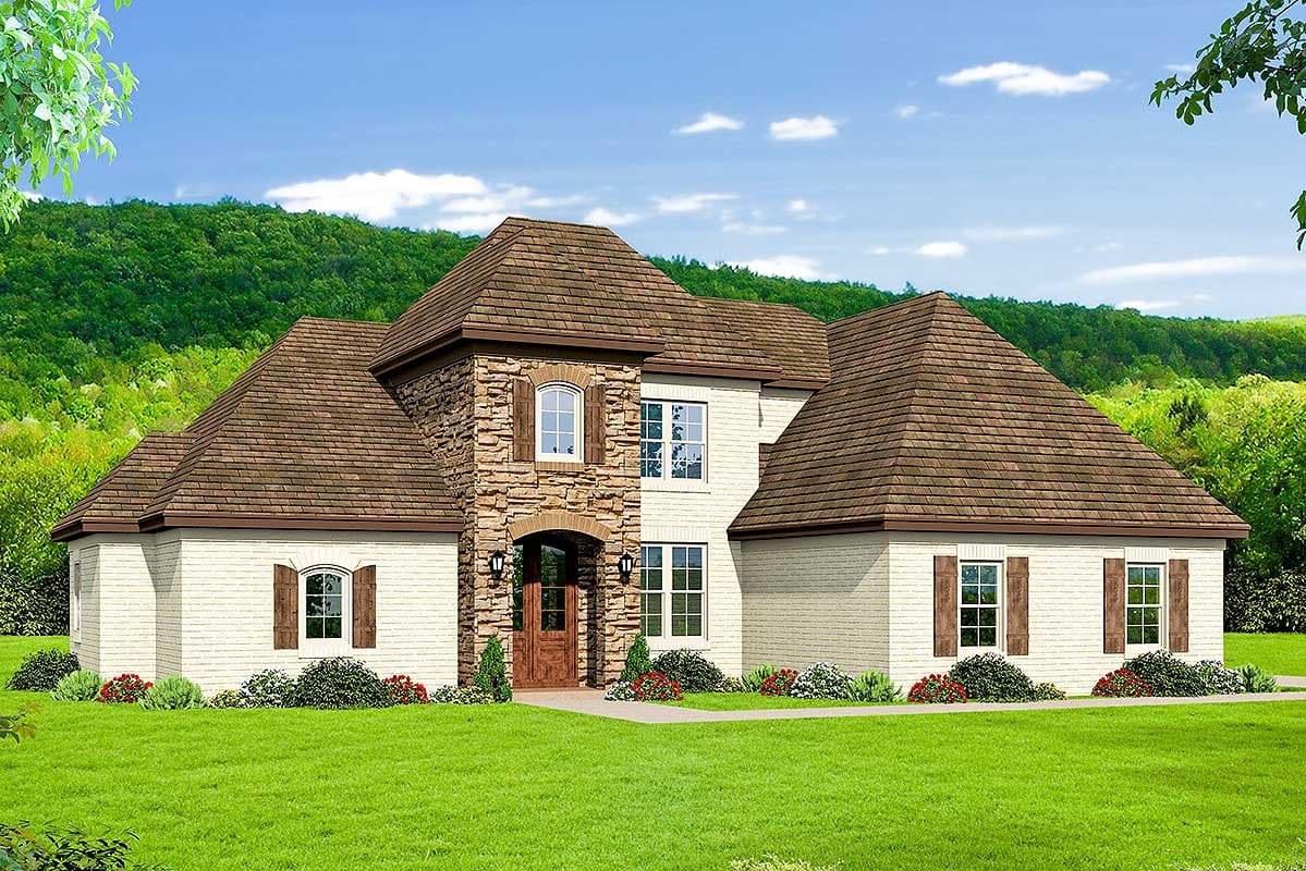 House plan exterior: Two-story home with stone-accented entryway, gabled rooflines, and white brick facade.