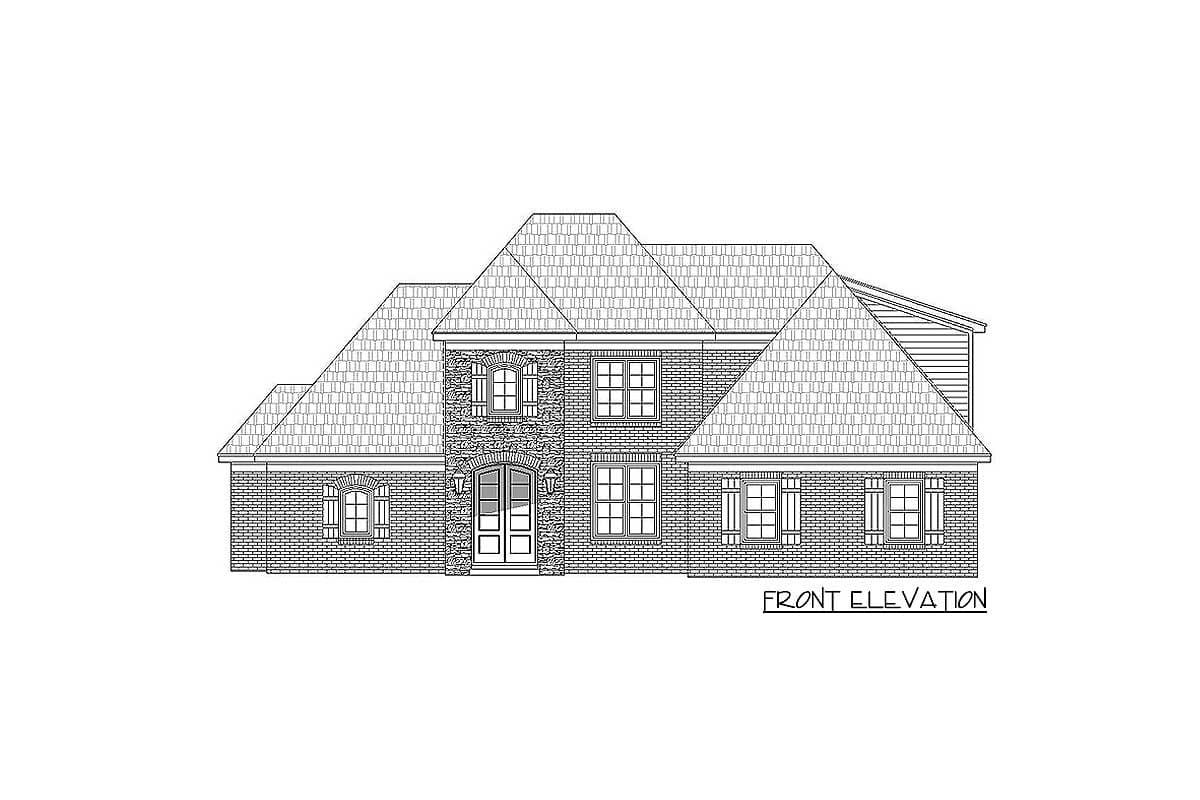 Front elevation drawing of a two-story brick house with multiple gables, arched entryway, and decorative shutters.