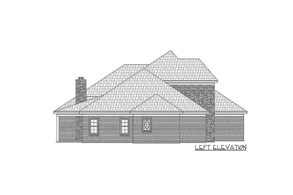 Left elevation drawing of a house plan with brick exterior, pitched roof, gabled dormers, and stone accents.