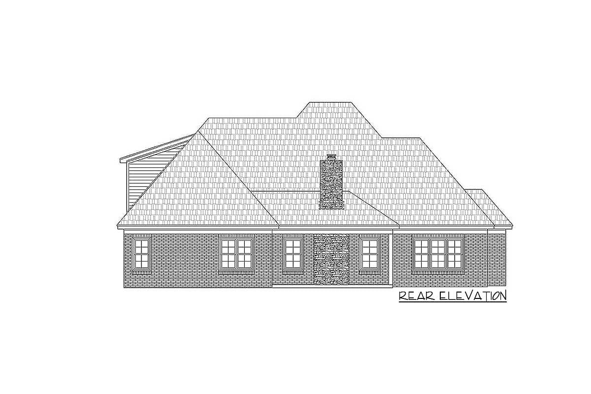 Rear elevation of a house plan featuring a brick facade, multiple gabled rooflines, and a prominent stone chimney.
