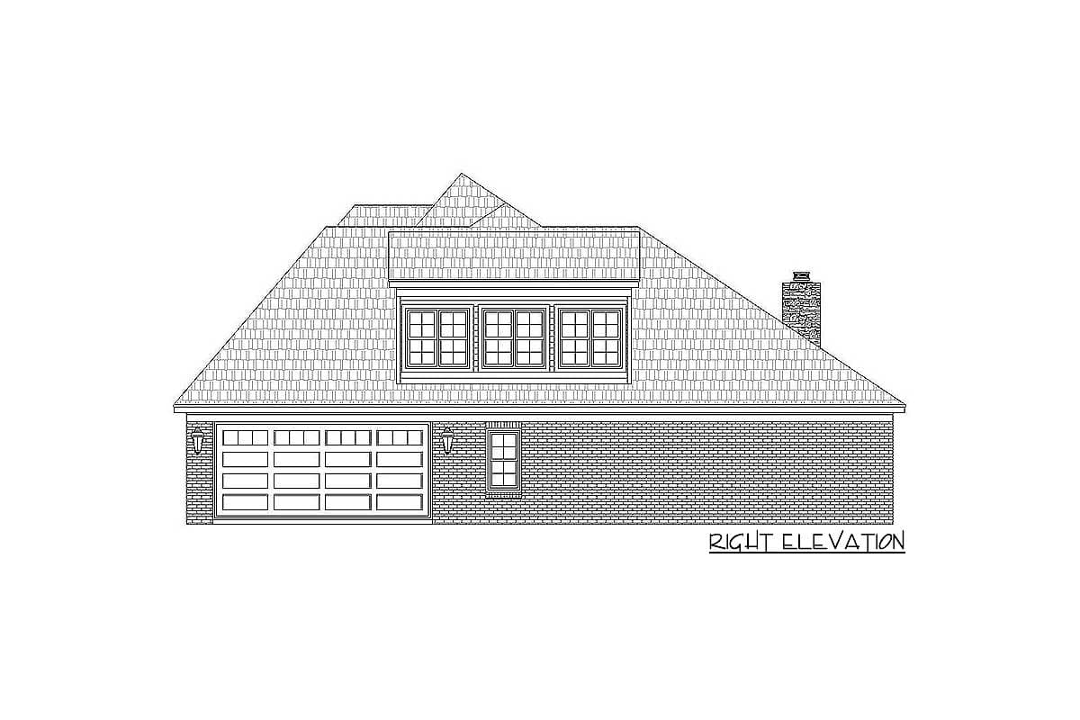 Right elevation drawing of a house plan showing a side-entry garage, dormer windows, and a brick facade.