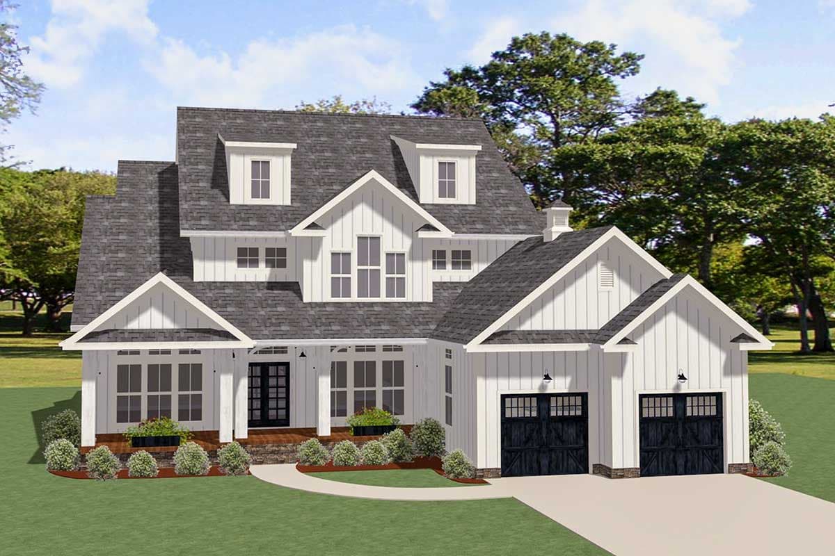 House plan exterior in Farmhouse style, two-story with a gabled roof, dormers, and a covered front porch. Features an attached two-car garage.