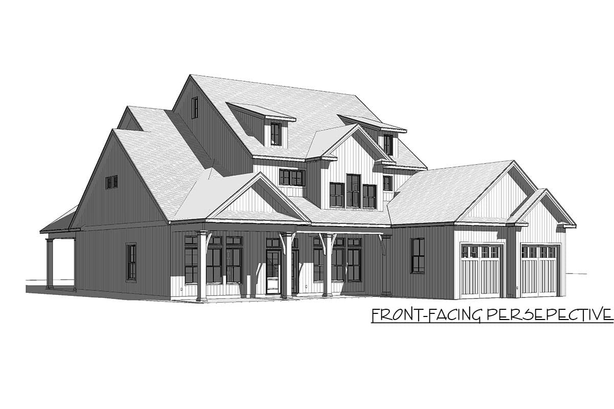 House plan exterior with gabled dormers, covered porch with columns, and a two-car garage.