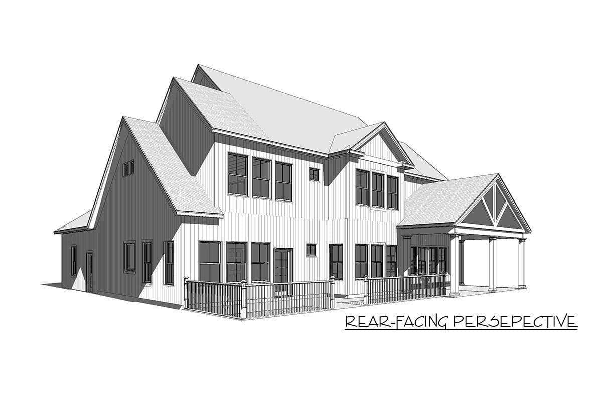 House plan exterior, rear-facing view. Two stories, multiple gables, a covered porch with columns, and a deck.