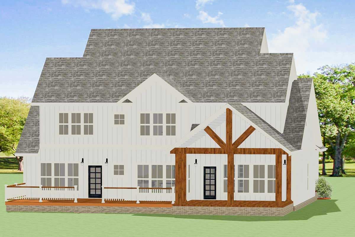 Two-story house plan exterior with board-and-batten siding, multiple gables, a covered porch with exposed beams, and a deck.