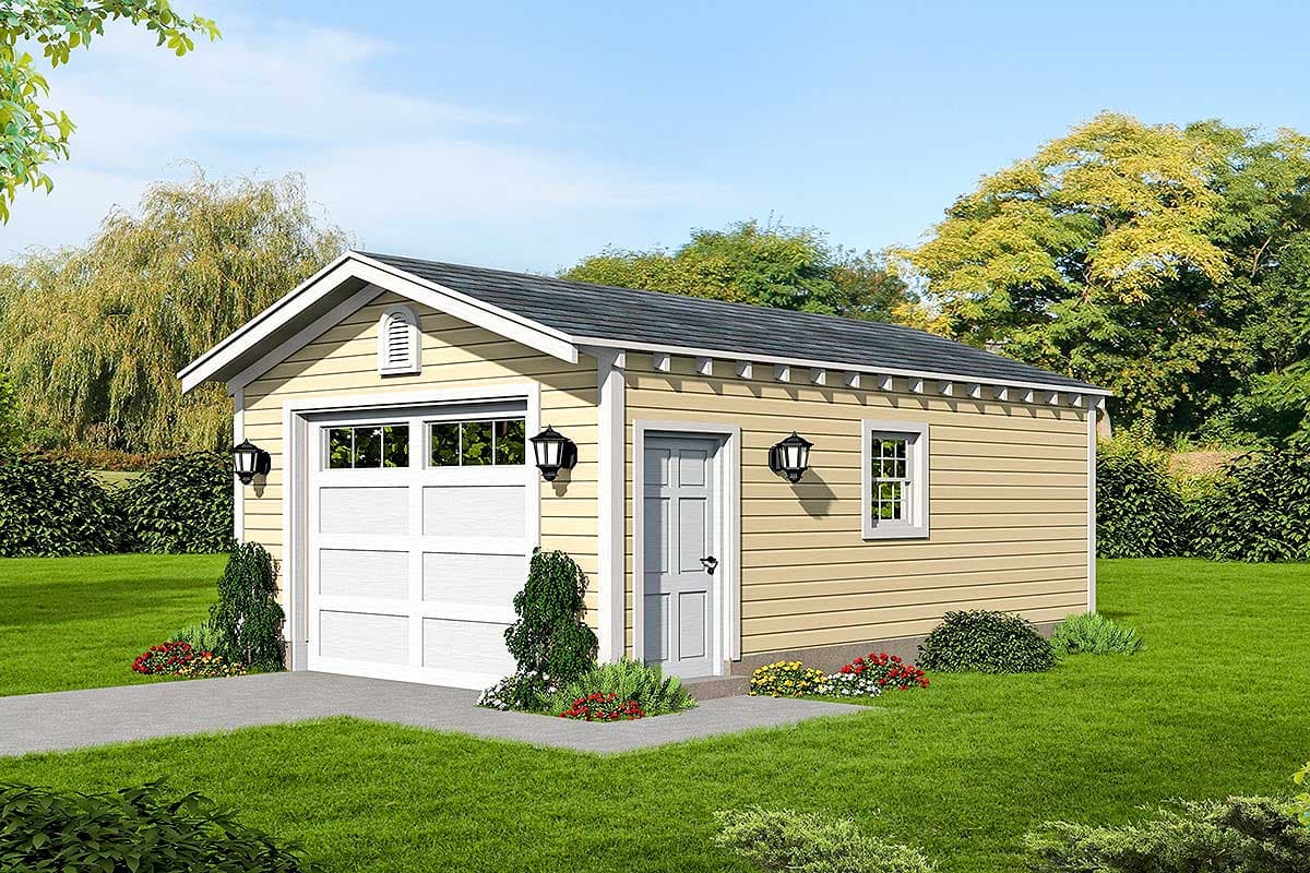 House plan exterior. One-story garage with a gable roof, small window, and a garage door with window inserts. Includes outdoor light fixtures.