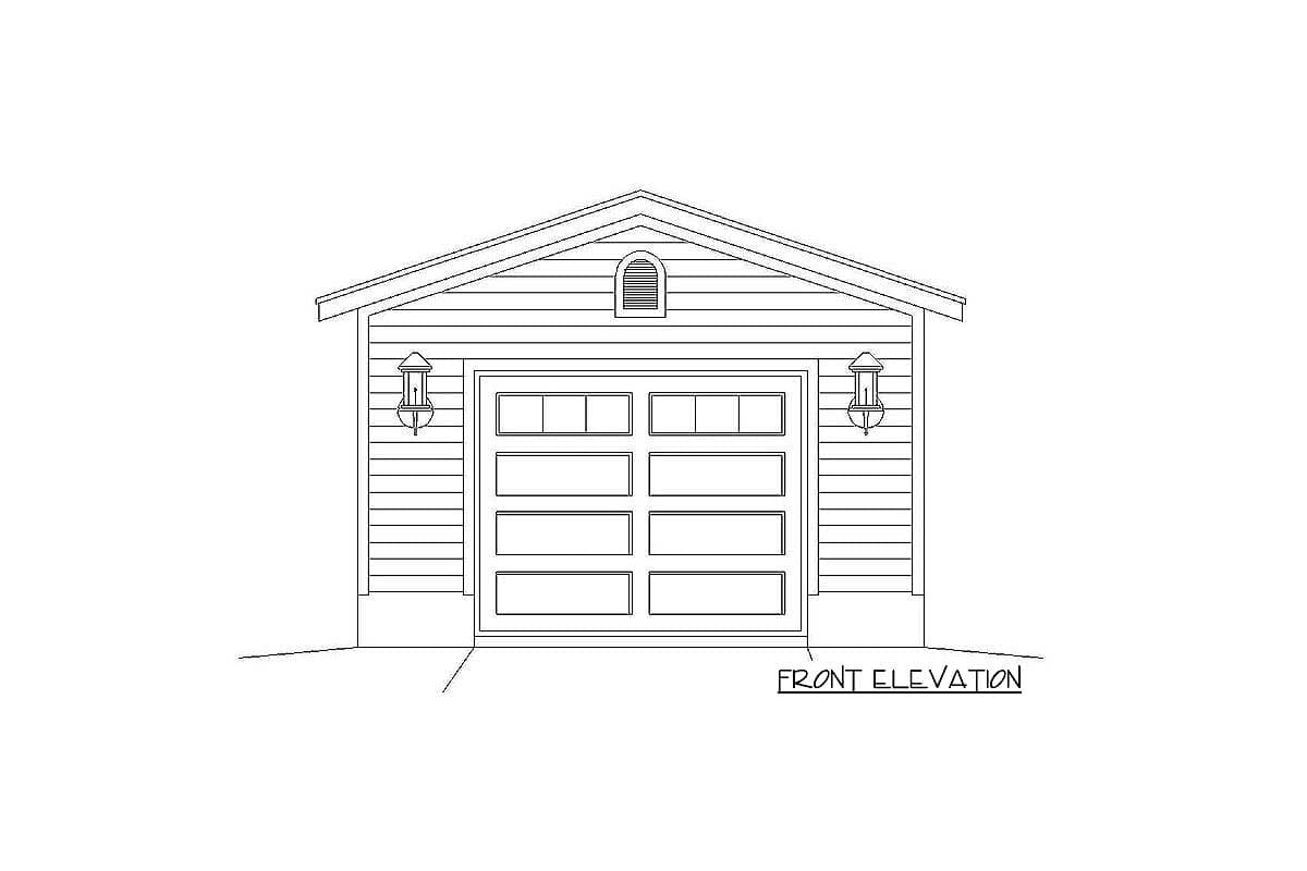 Front elevation drawing of a single-story garage with a gable roof, carriage-style garage door, and two sconce lights.