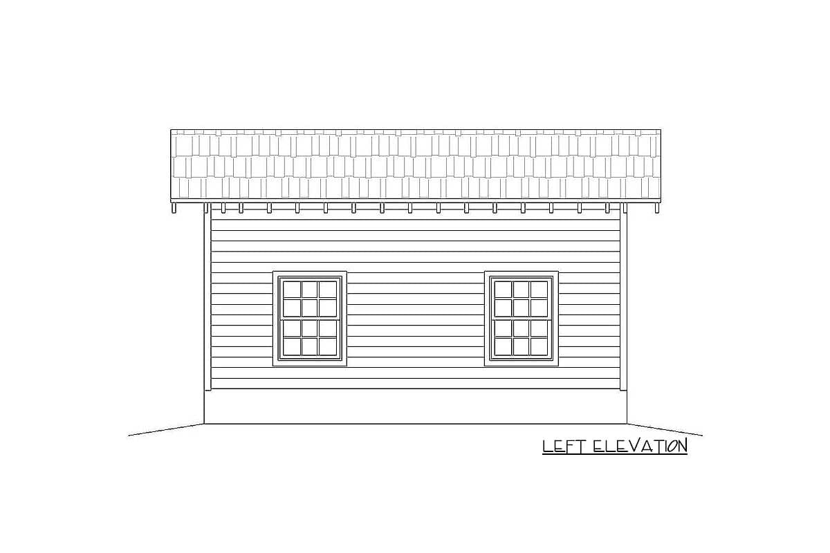 Left elevation drawing of a house plan showing horizontal siding, a gable roof, and two multi-pane windows.