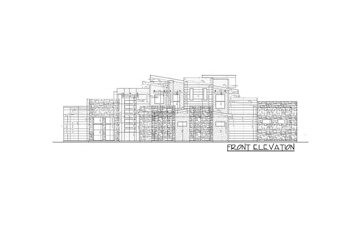 Front elevation drawing of a multi-story house with a complex roofline, varied window placement, and stone facade.
