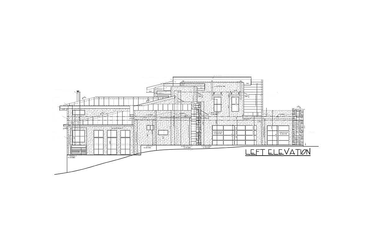 Architectural drawing of a house plan, left elevation, showing multiple garage doors, large windows, and a multi-level roof.