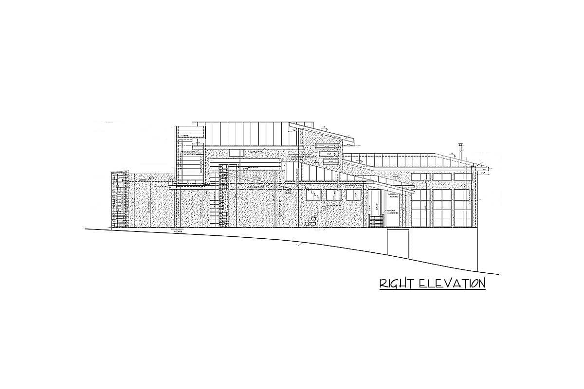 Right elevation house plan showing a multi-level structure with stone and brick facade, prominent rooflines, and extensive fenestration.