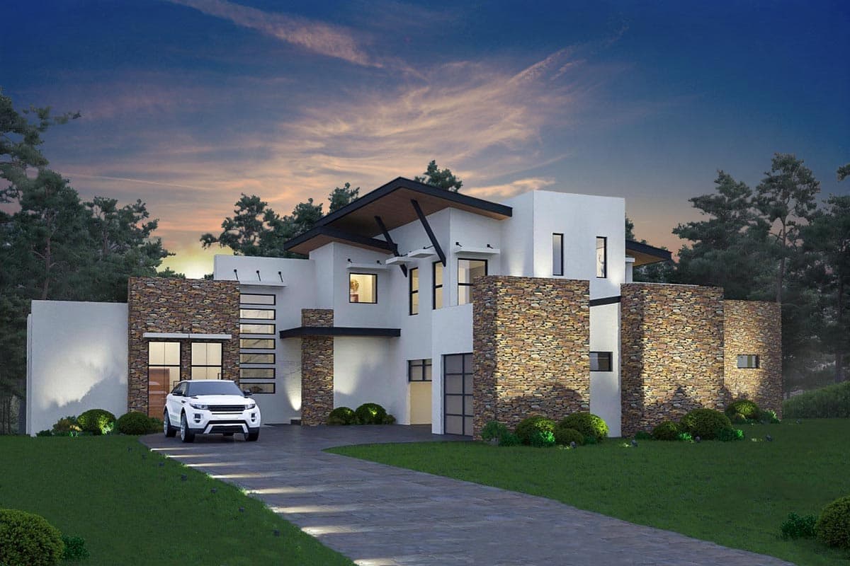 Modern house plan exterior with stone accents, multiple gables, large windows, and an attached garage.