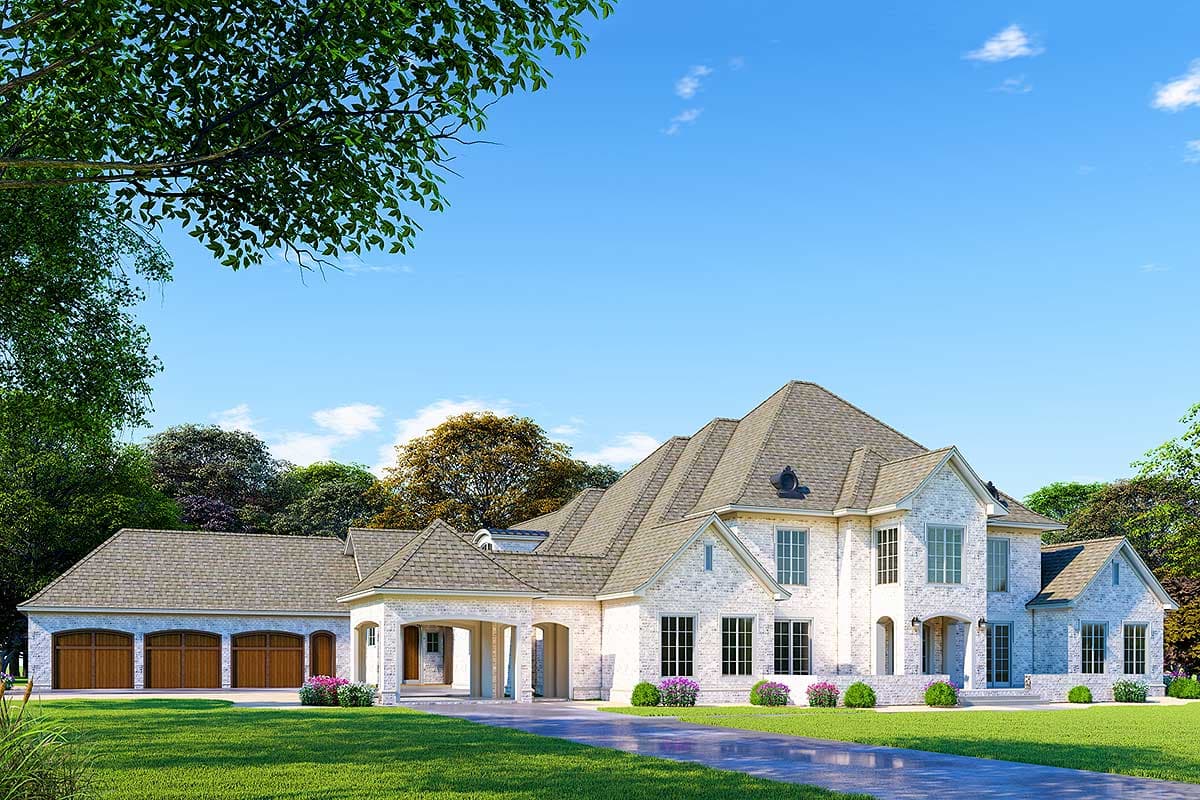 House plan exterior. Two-story home with a gabled roof, brick exterior, porte-cochere, and attached three-car garage.