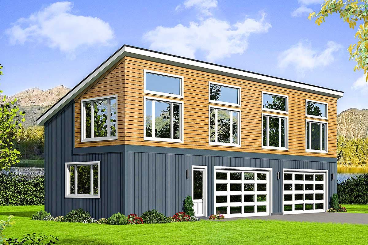 House plan exterior. Two-story modern house with wood siding on upper level and two garage doors. Features large windows and a gable roof.