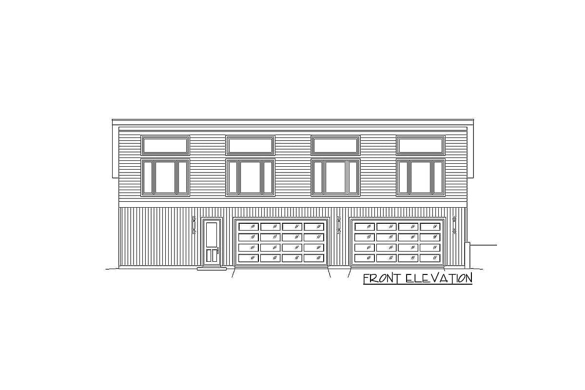Front elevation drawing of a two-story house plan with horizontal siding, eight upper windows, a central door, and two garages.