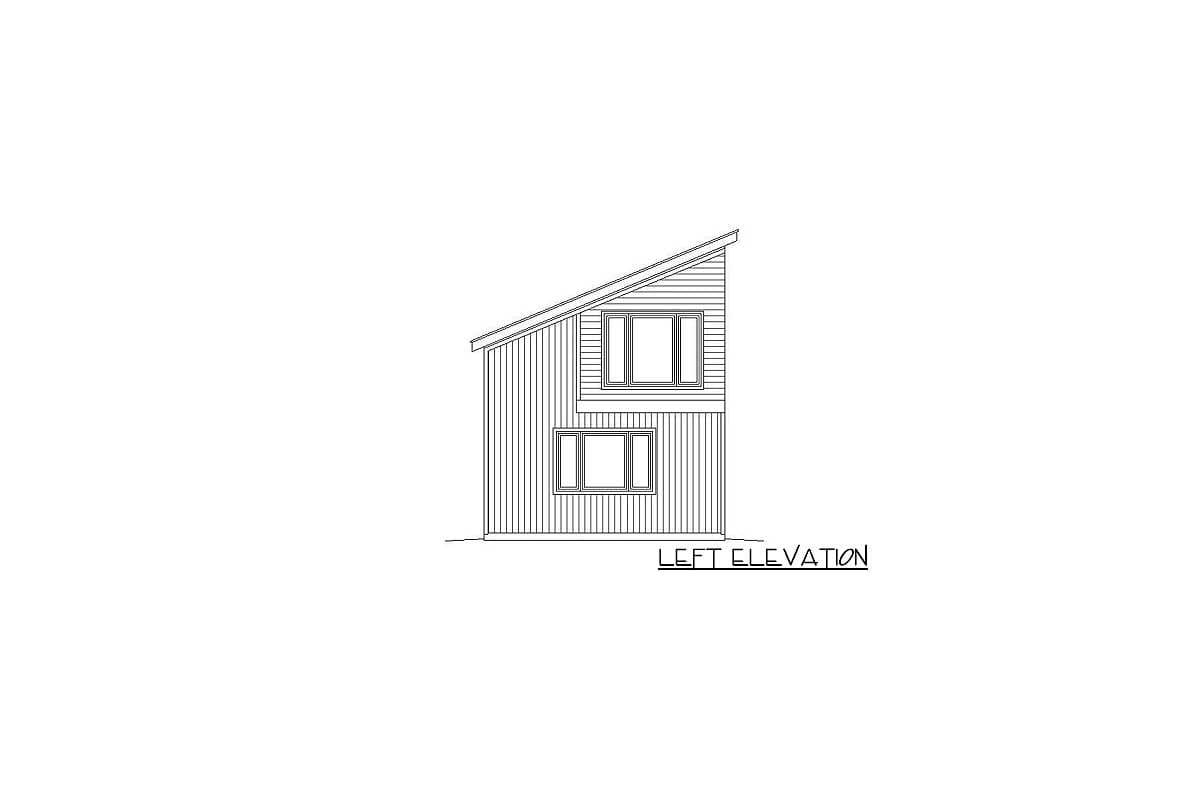 Left elevation drawing of a two-story house with a sloped roof and two windows on each level.