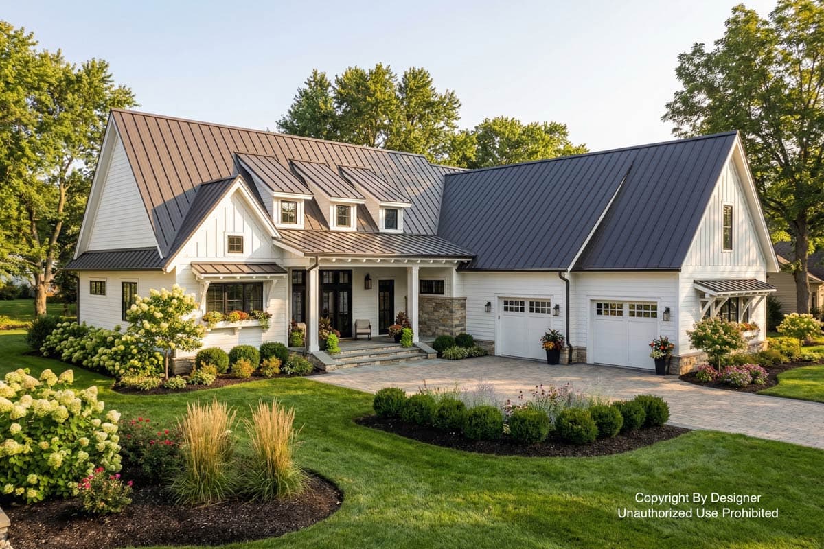 A white farmhouse with a dark metal roof, surrounded by a manicured lawn and garden. The house has a two-car garage and a front porch.