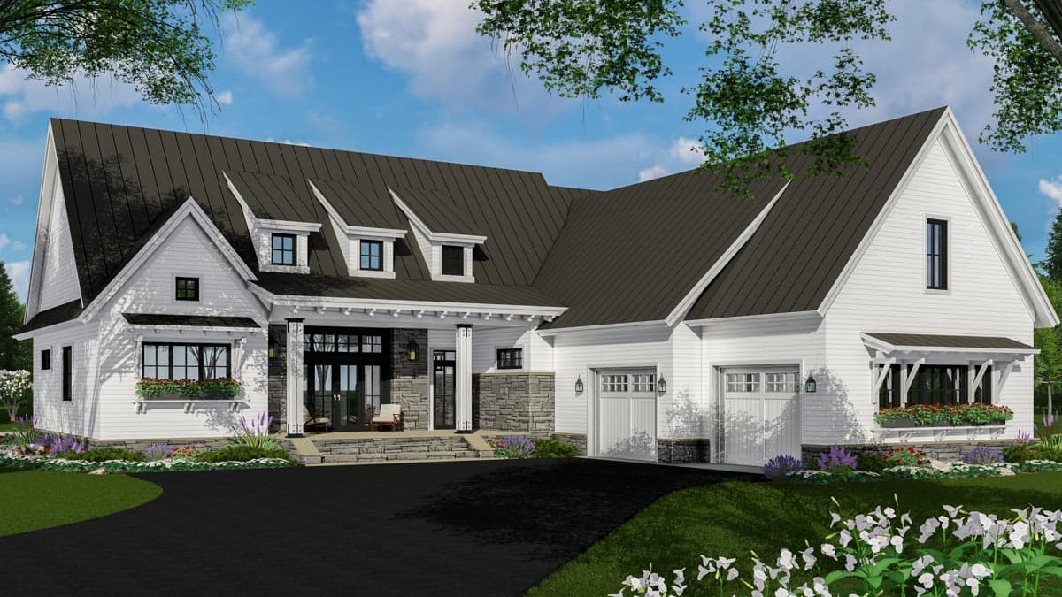 House plan exterior: Modern Farmhouse style, two-story main section with dormers, stone-accented covered porch, and a three-car garage.