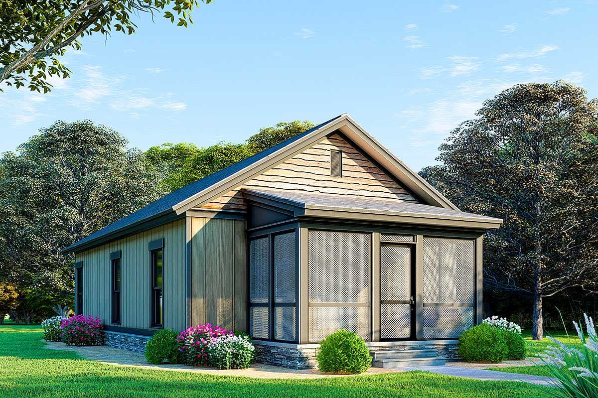 House plan exterior. One-story Craftsman style home with screened porch, gable roof, and wood siding with stone foundation.