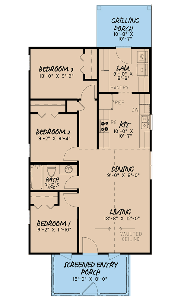 Plan 70602MK: Rustic Retreat with Screened Entry Porch and Vaulted Interior - Floor Plan - Main Level - Cabin, Country, Rustic, Vacation