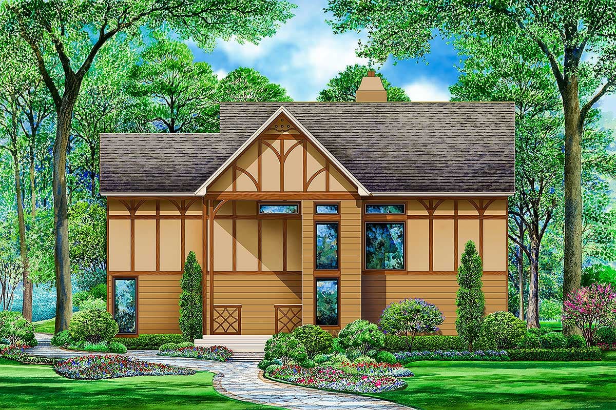 House plan exterior in Tudor style with a steeply pitched roof, prominent gables, and decorative half-timbering. Features a covered porch.