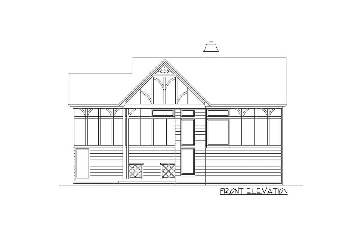 Front elevation drawing of a house plan featuring a prominent gable, wraparound porch, and horizontal siding.