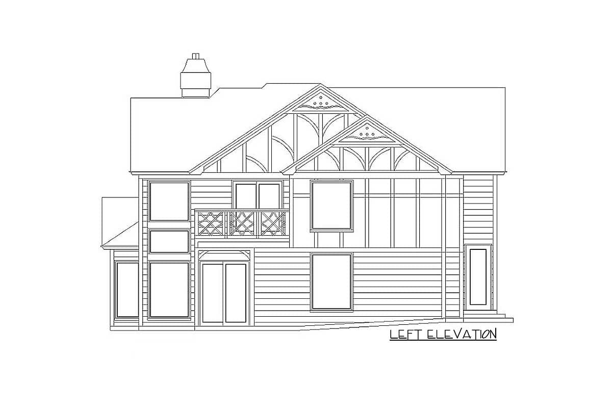 Left elevation house plan showing a two-story structure with a prominent gable, dormers, a balcony with decorative railing, and lap siding.