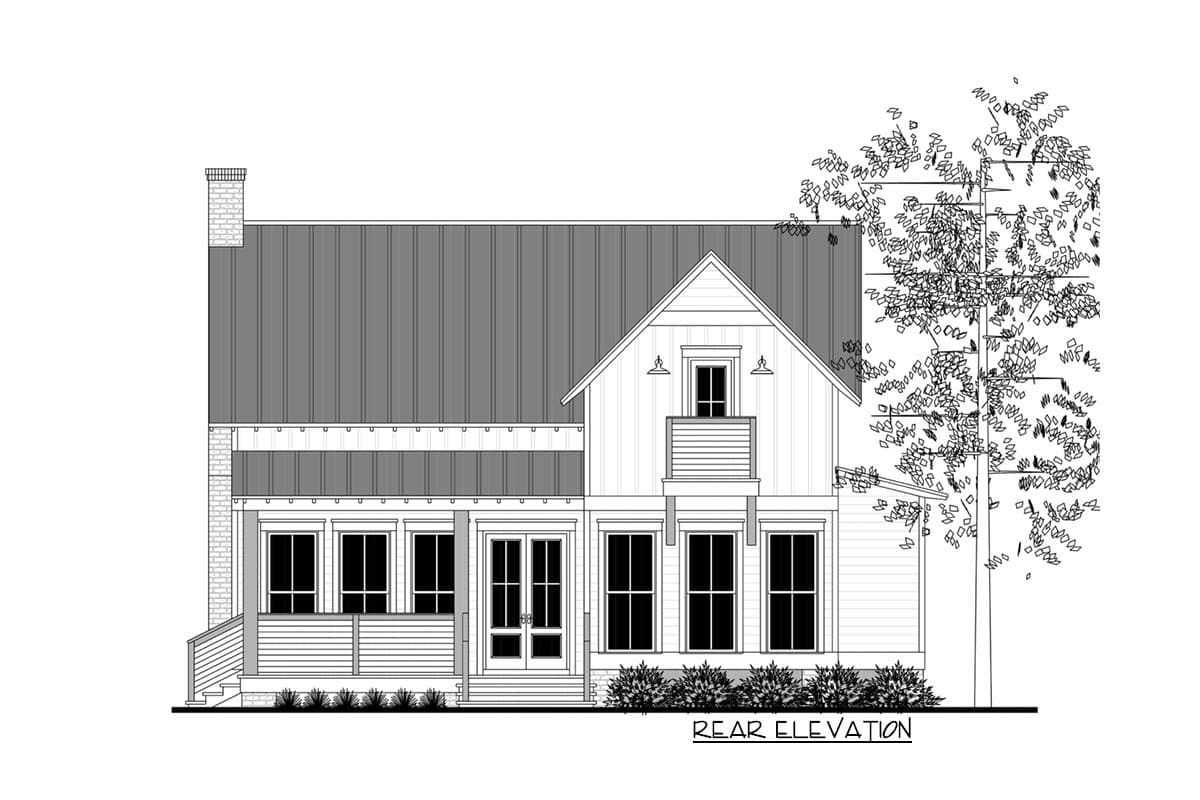 Rear elevation of a two-story Modern Farmhouse plan with a metal roof, front porch, gables, and dormers.