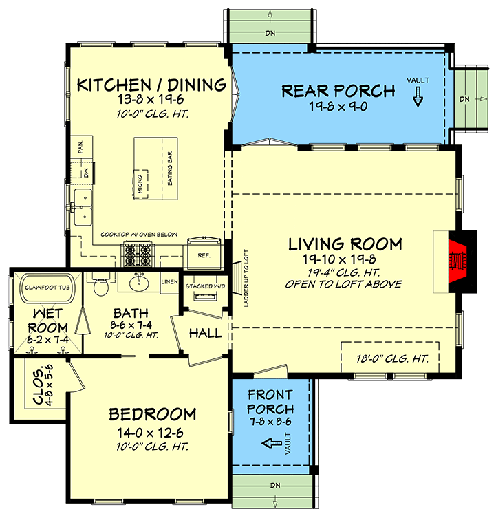 Plan 51786HZ: Cozy 1-Bedroom Cottage House Plan with Loft - Floor Plan - Main Level - Cottage, Country, Vacation