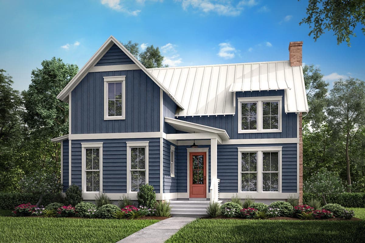 House plan exterior. Two-story farmhouse with a metal roof, front gable, covered porch, and brick chimney.