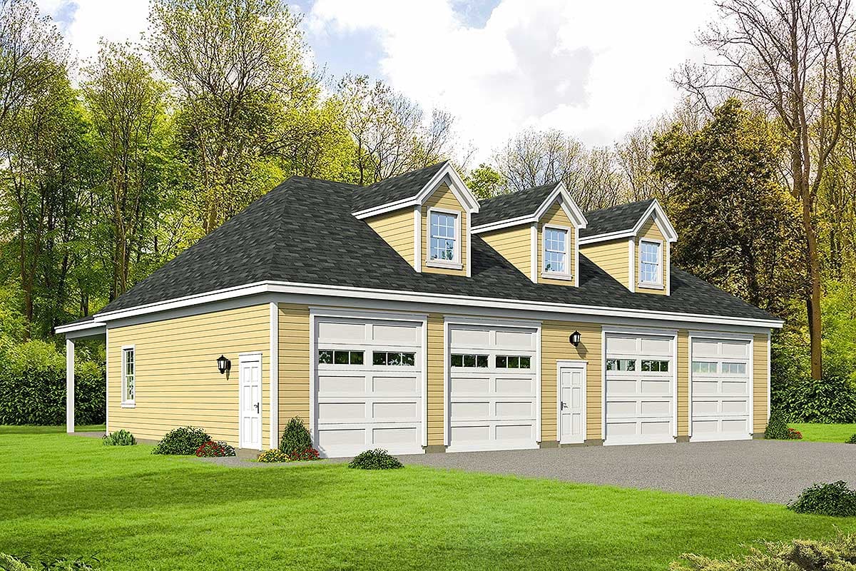 House plan exterior with three-car garage, three dormers, and a gabled roof. Features include a side-entry porch and two doors.