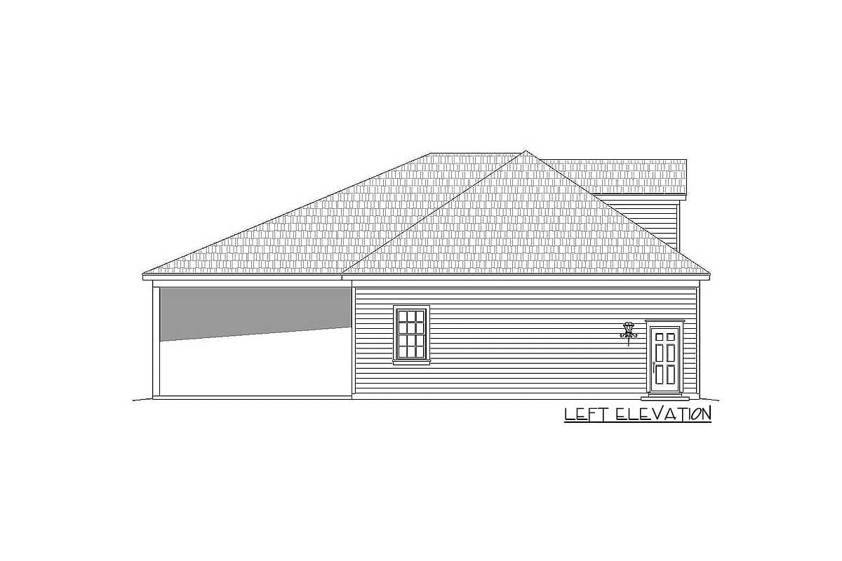 Left elevation house plan showing a single-story structure with a pitched roof, attached carport, one window, and a front door.