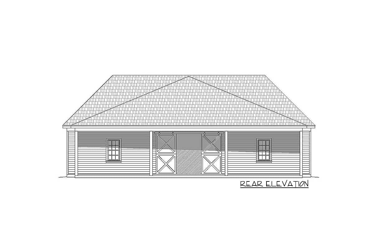 Rear elevation drawing of a single-story house plan with a gable roof, porch, and two barn-style garage doors.