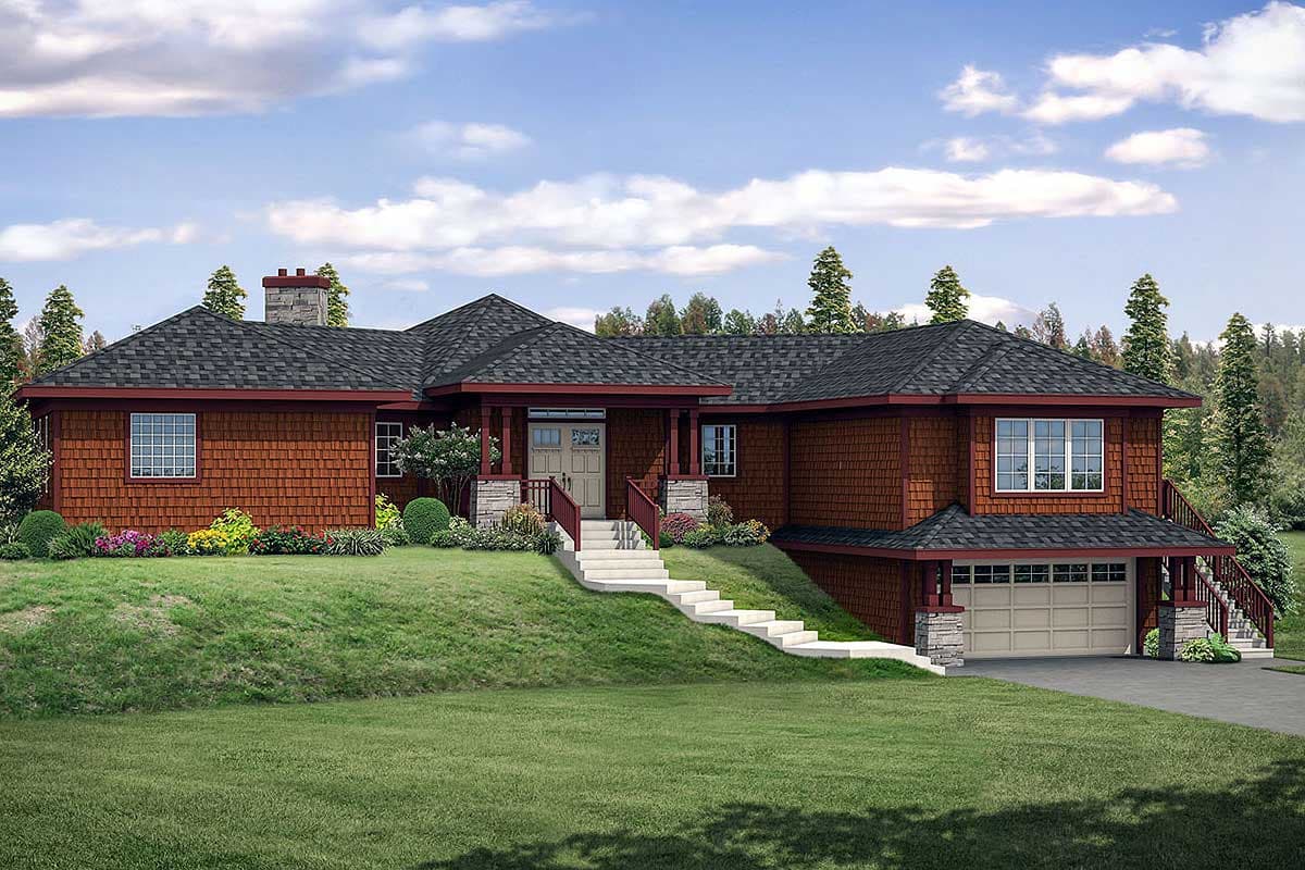 House plan exterior. Craftsman style, one-story house with a covered porch, gabled roof, and attached garage. Exterior features wood shake siding.
