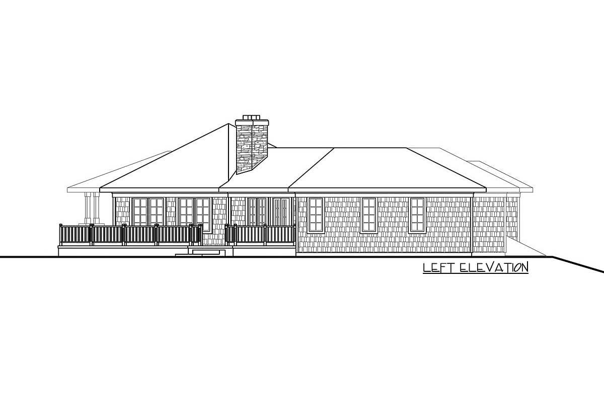 Left elevation drawing of a one-story house plan with a wraparound porch, prominent stone chimney, and multiple windows.