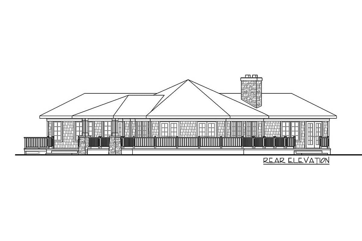 Rear elevation drawing of a one-story house plan with a wraparound porch, multiple gables, and a stone chimney.