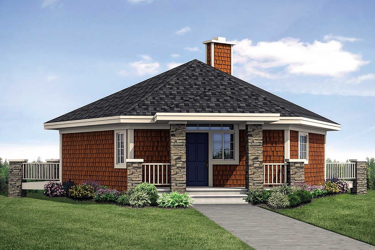 House plan exterior. One-story structure with shake siding, stone accents, and a multi-faceted roof. Features include a front porch and chimney.