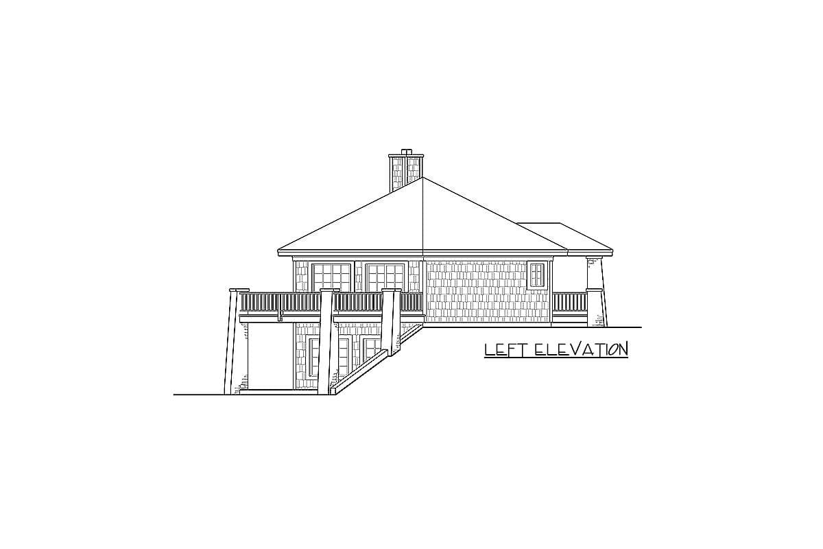 Left elevation drawing of a house plan with a large deck, gabled roof, chimney, and various window types.
