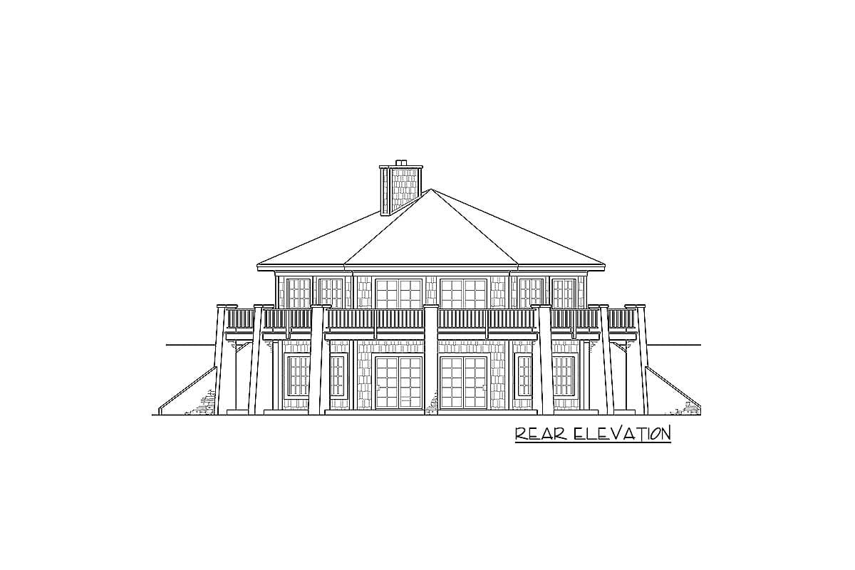 Rear elevation drawing of a house plan featuring a hipped roof, chimney, extensive decking, and multiple windows.