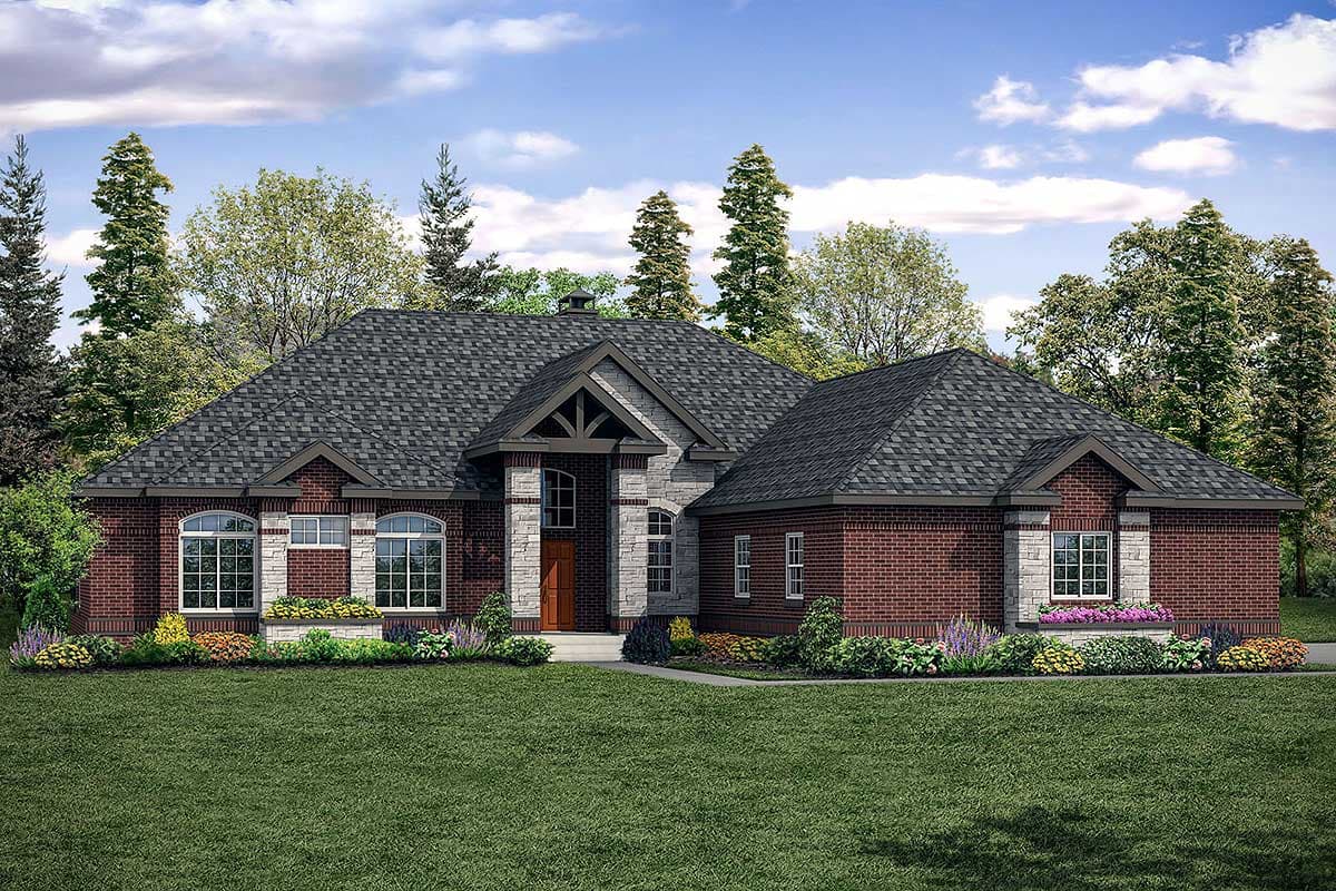 House plan exterior. One-story brick home with a gable roof, stone accents, and arched windows. Features include a front porch and a prominent entry.