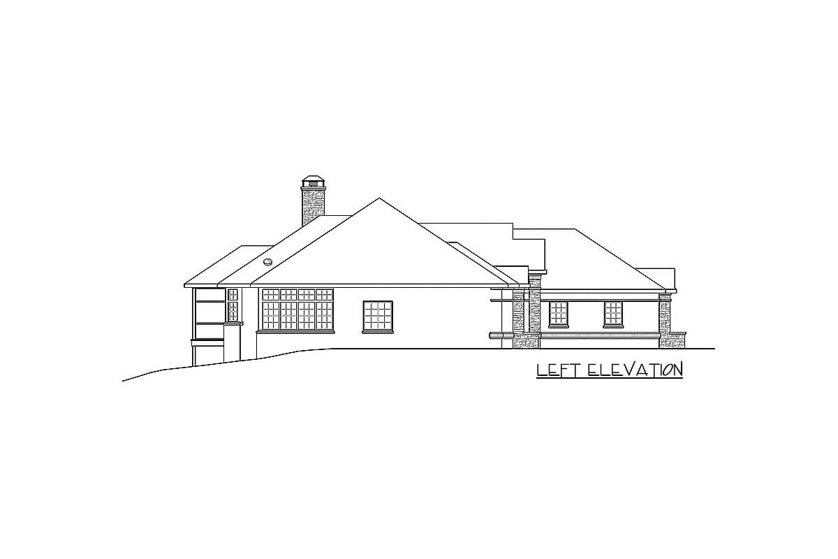 Left elevation drawing of a house plan showing a hip roof, chimney, and multiple windows.