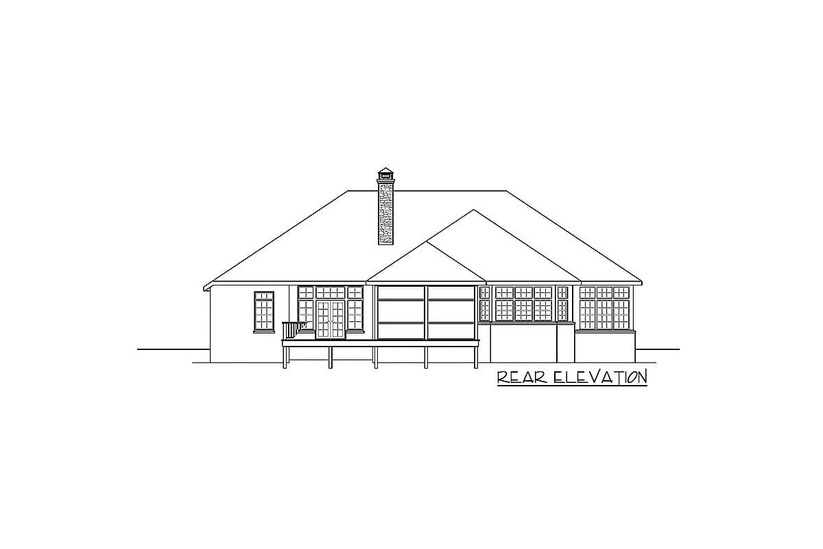 Rear elevation house plan drawing showing a screened-in porch, multiple windows, and a prominent roofline.