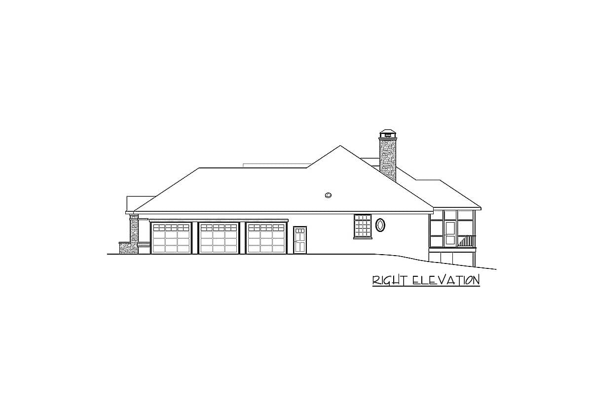 Right elevation house plan showing a three-car garage, screened porch, and stone chimney.